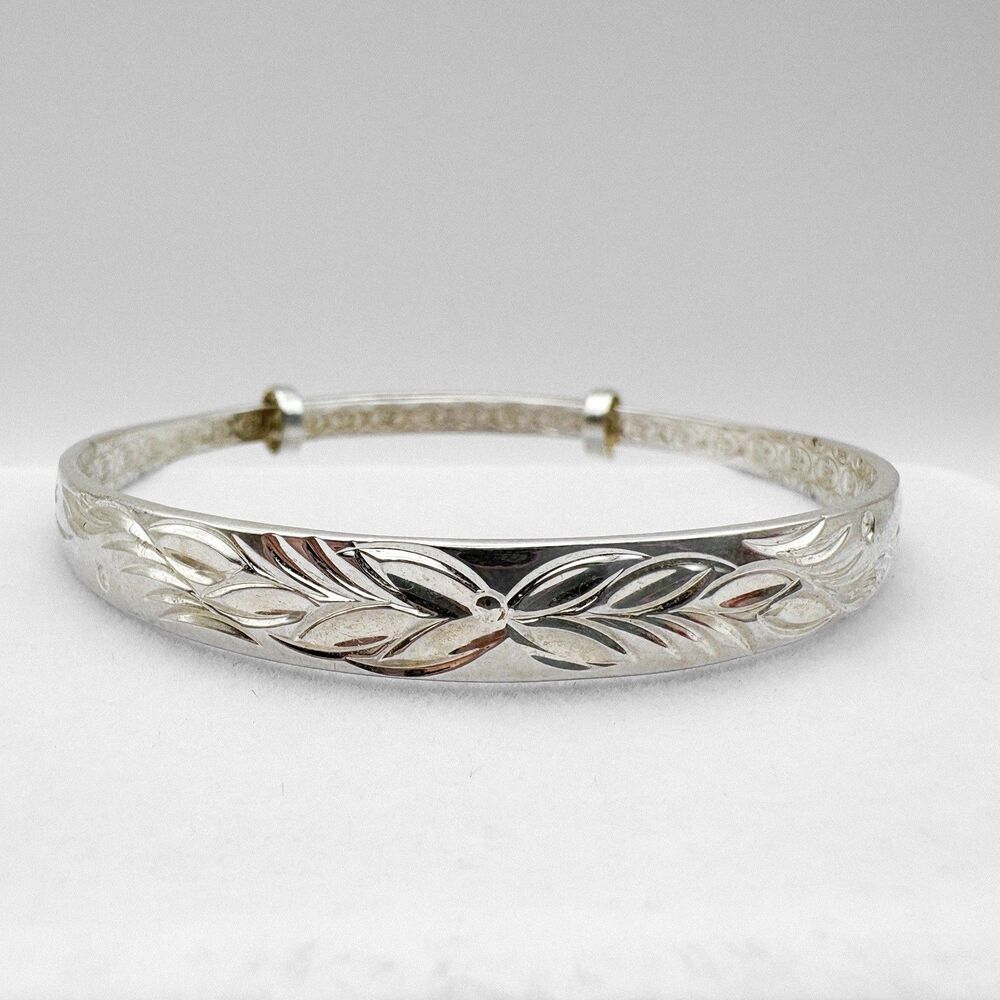 Vintage Floral Bangle Etched Bracelet size 8” 1/4, Sterling 925 silver